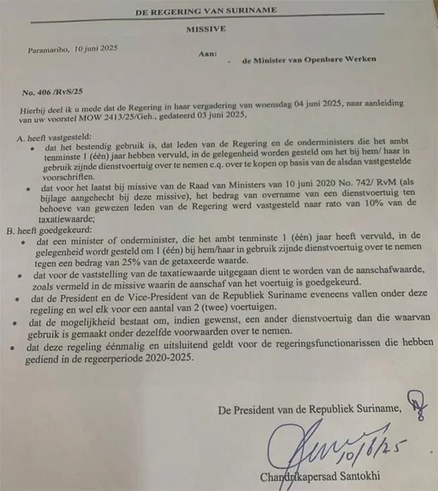 Surinaamse regering keurt overname dienstvoertuigen goed voor ministers en onderministers