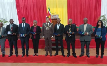 Decoratie Malaria Taskforce-leden in aanwezigheid van President Santokhi