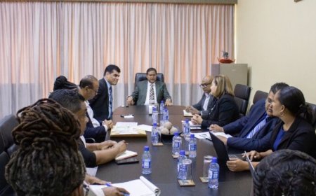 President Santokhi en assembleevoorzitter Adhin overleggen over machtsoverdracht