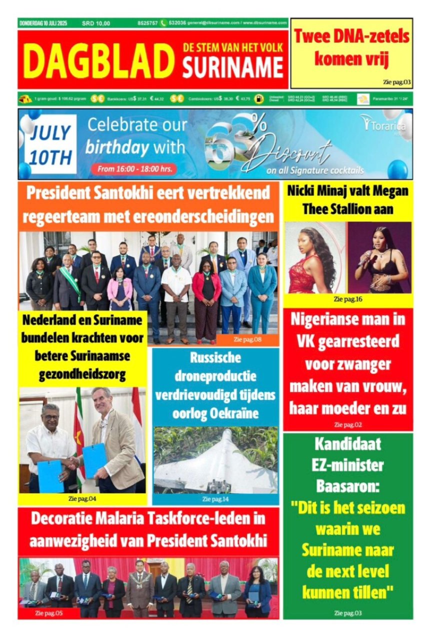 Dagblad Suriname front pagina- donderdag 10 juli 2025.