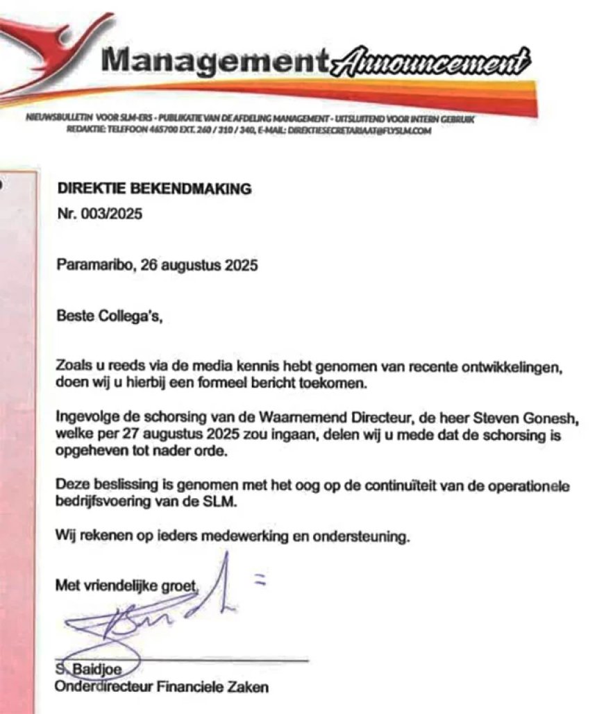 Schorsing Gonesh tijdelijk opgeheven om bedrijfsvoering SLM veilig te stellen