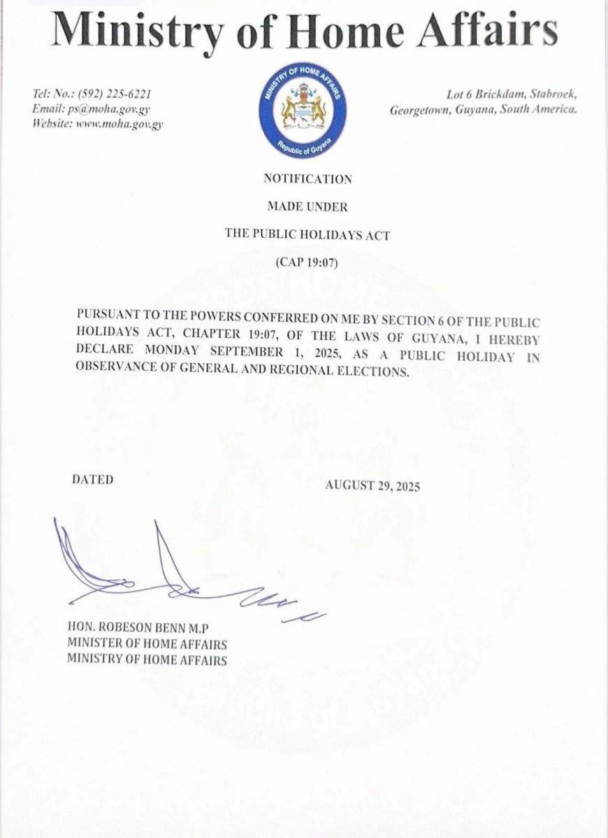 Guyana roept maandag 1 september uit tot nationale vrije dag