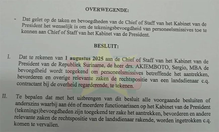 Simons geeft Akiemboto tekeningsbevoegdheid personeels missives