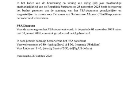 Suriname verlaagt PSA-tarief voor diaspora tijdens 50 jaar Srefidensi