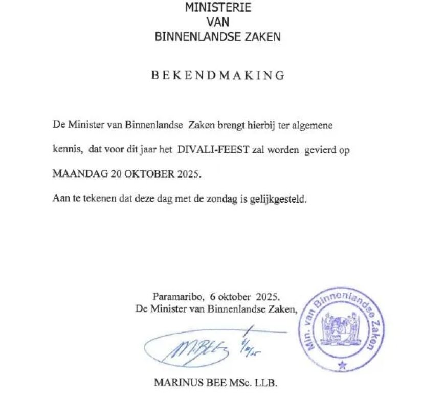 Ministerie van Binnenlandse Zaken: Divali op maandag 20 oktober 2025