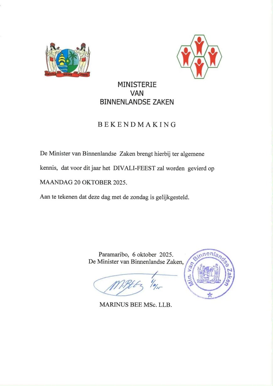 Ministerie van Binnenlandse Zaken: Divali op maandag 20 oktober