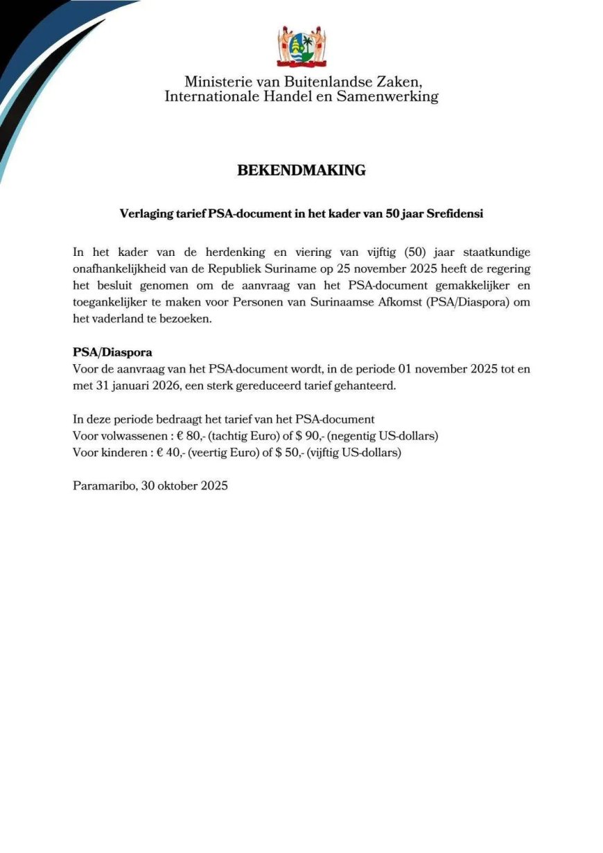 Suriname verlaagt PSA-tarief voor diaspora tijdens 50 jaar Srefidensi