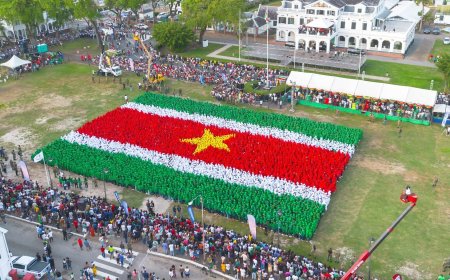 Jongeren vormen gigantische Surinaamse vlag op Onafhankelijkheidsplein