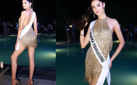 Manika Vishwakarma schittert in gouden kostuum bij Miss Universe 2025