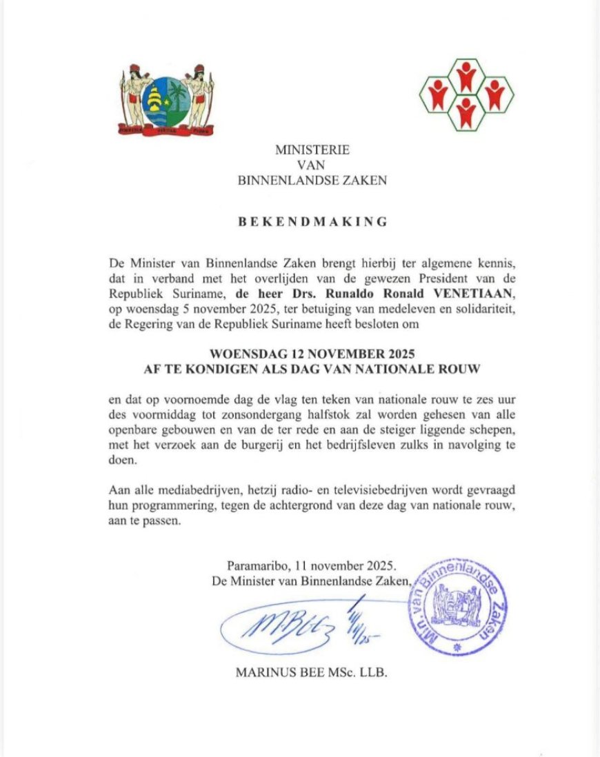 Morgen dag van nationale rouw voor oud-president Ronald Venetiaan