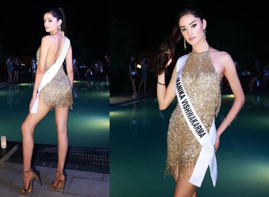 Manika Vishwakarma schittert in gouden kostuum bij Miss Universe 2025