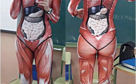 WIST U DAT – Een Spaanse lerares eind 2019 les gaf in een wetsuit bedrukt met organen, spiere