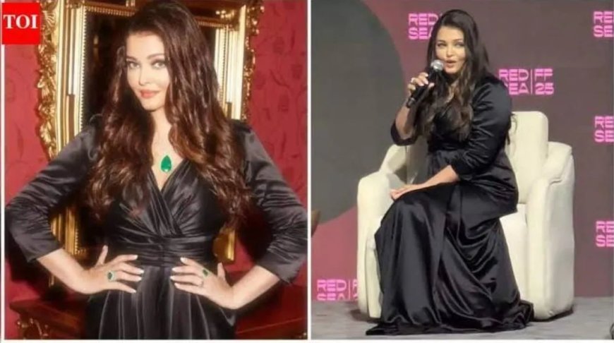 Aishwarya Rai Bachchan schittert op het Red Sea Film Festival in zwarte zijden jurk