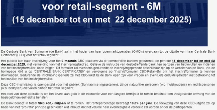 Centrale Bank haalt SRD 400 miljoen uit de economie via nieuwe spaarcertificaten