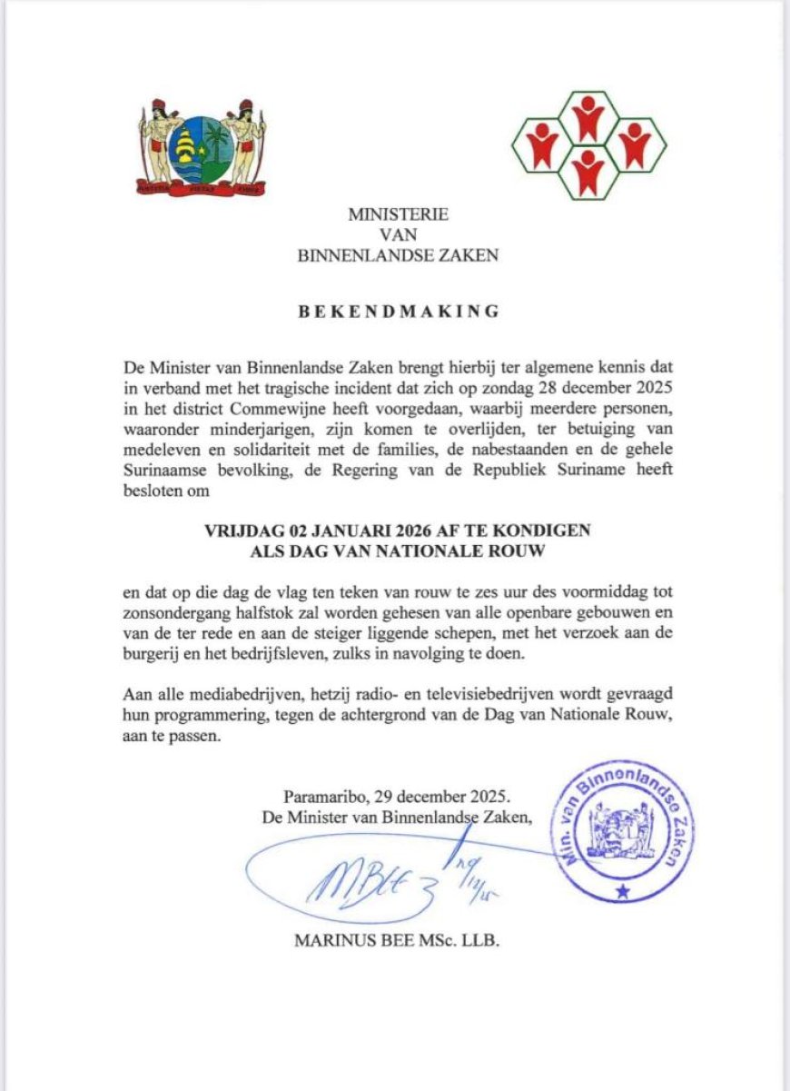 Vrijdag 2 januari 2026 dag van nationale rouw