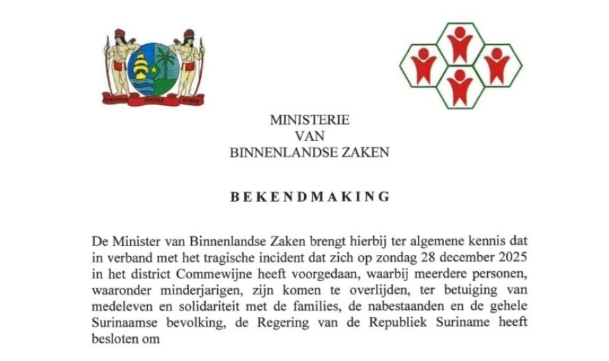 Regering kondigt Dag van Nationale Rouw af na tragisch incident in Commewijne