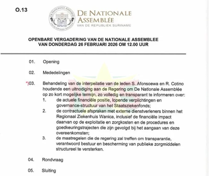 Interpellatie  over SZF en RZW donderdag op agenda Nationale Assemblee