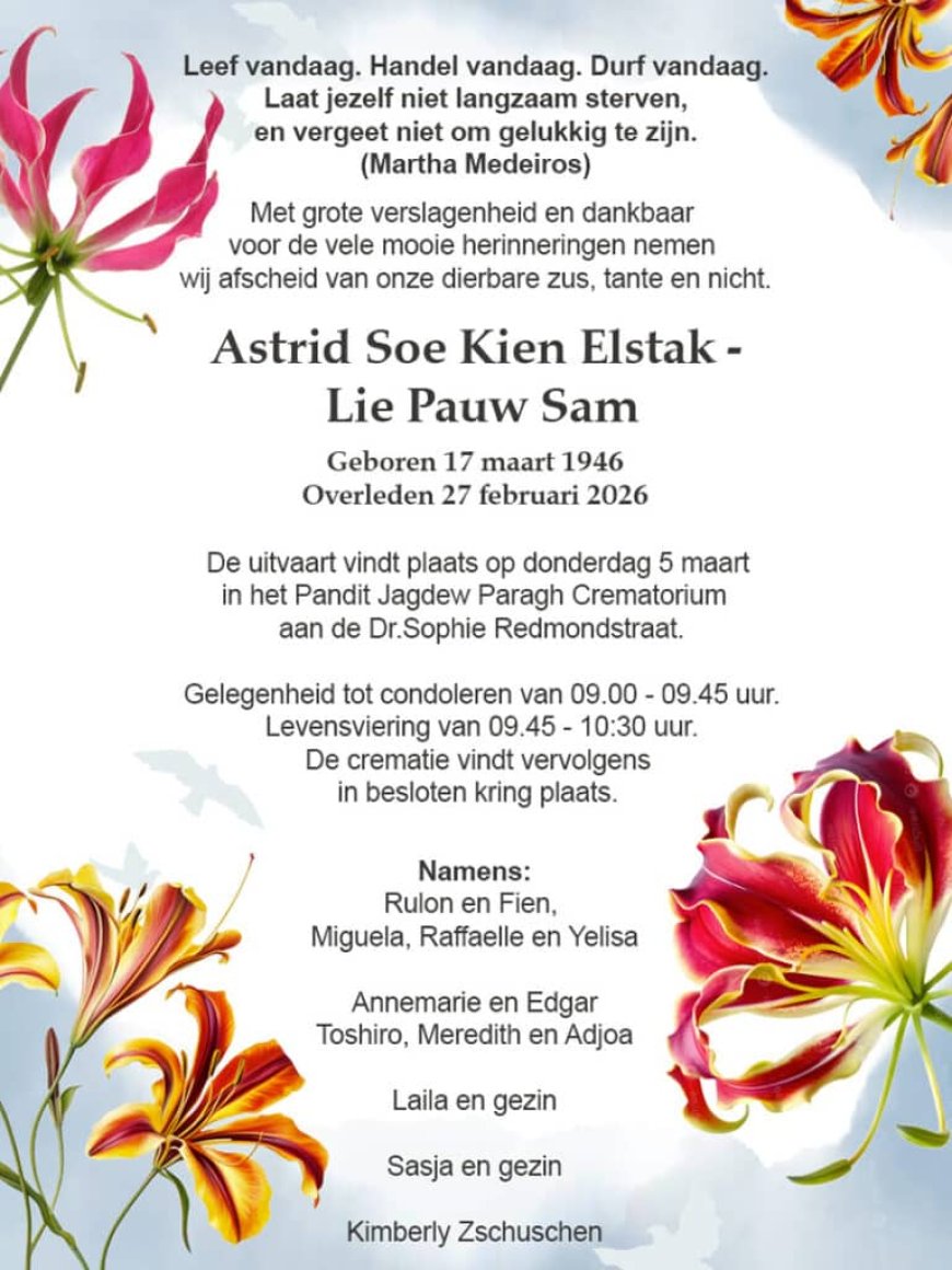 Overlijdingsbericht-Astrid Soe Kien Elstak- Lie Pauw Sam