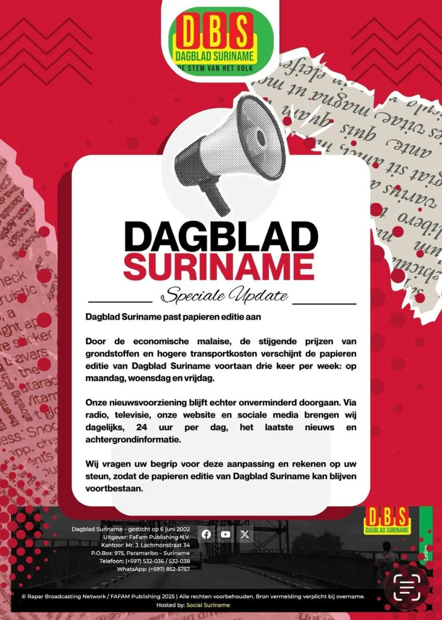 Dagblad Suriname verschijnt voortaan drie keer per week op papier