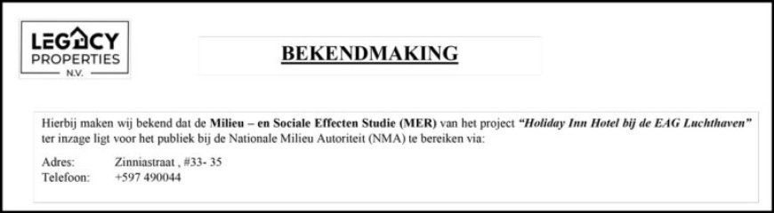 BEKENDMAKING: Milieu – en Sociale Effecten Studie “Holiday Inn Hotel bij de EAG Luchthaven”