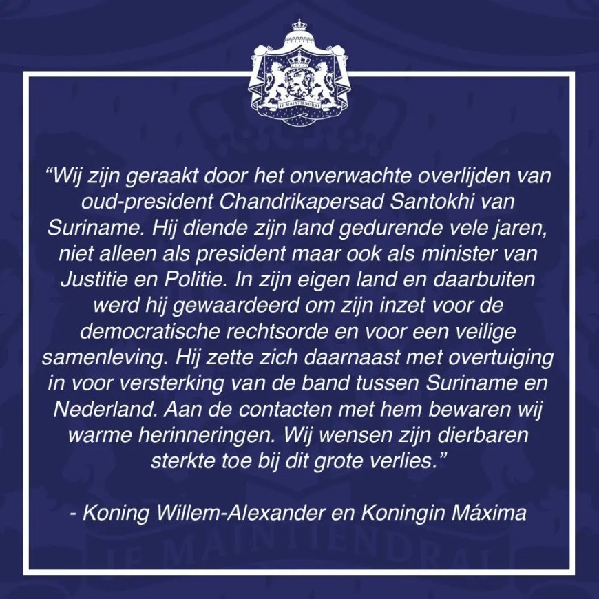 Nederlands koningspaar betuigt medeleven na overlijden Santokhi