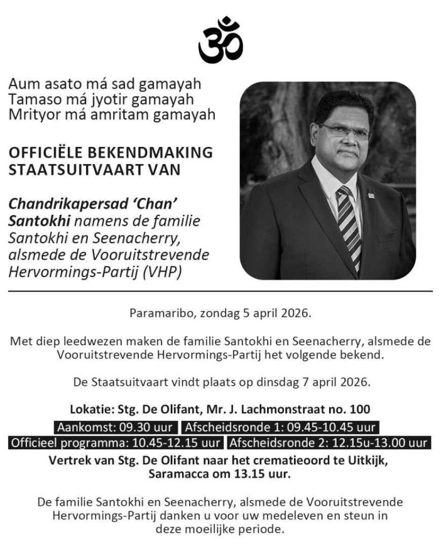 Suriname neemt vandaag afscheid van oud-president Chan Santokhi