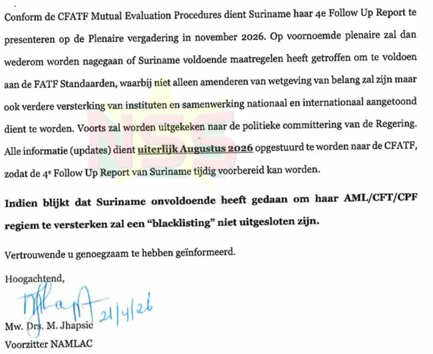 NAMLAC waarschuwt regering: risico op blacklisting Suriname bij onvoldoende voortgang