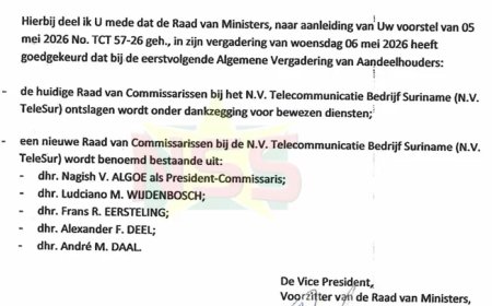 Nieuwe RvC Telesur onder leiding van Nagisch Algoe treedt maandag aan