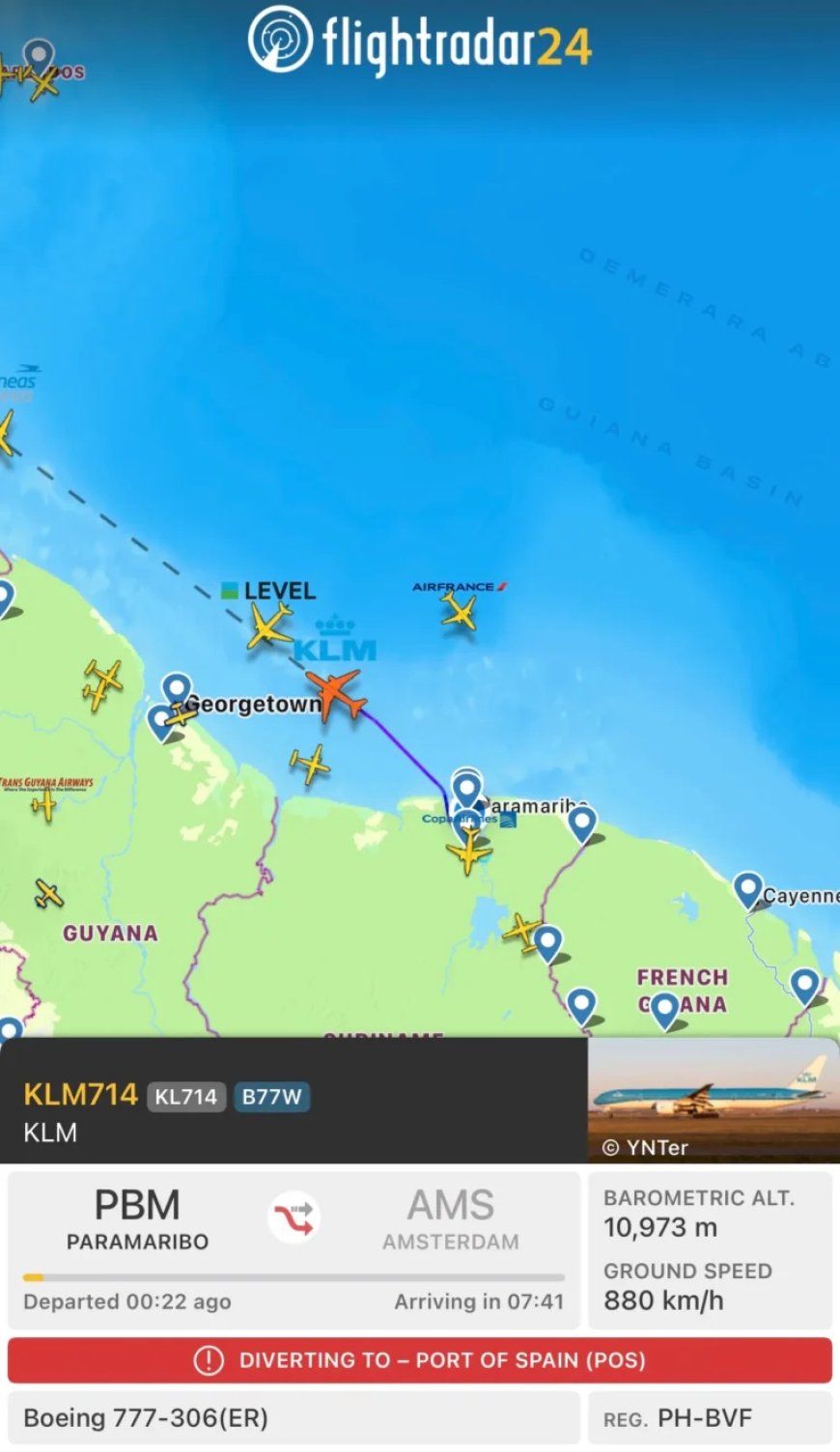 KLM-vlucht naar Amsterdam wijkt uit naar Trinidad