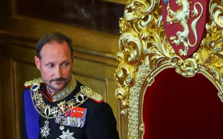 Koning Haakon VIII legt eed af in Noors parlement, koningin Mette-Marit ontbreekt