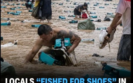 Duizenden schoenen drijven door straten na overstroming China