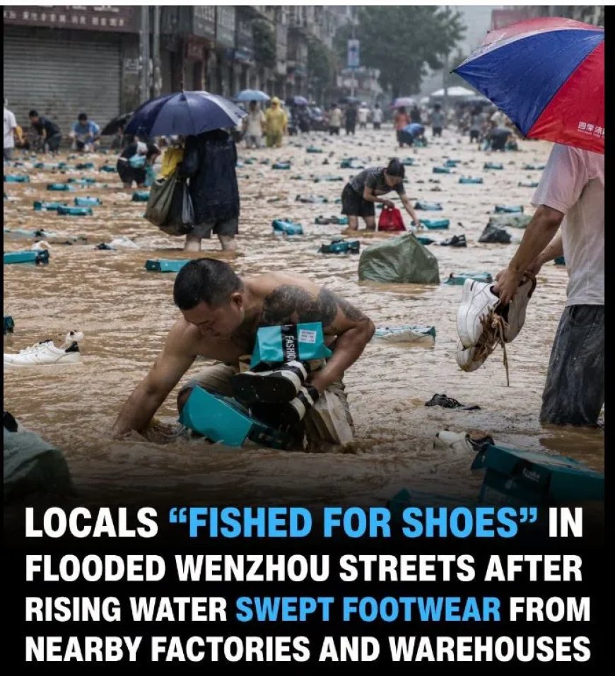 Duizenden schoenen drijven door straten na overstroming China