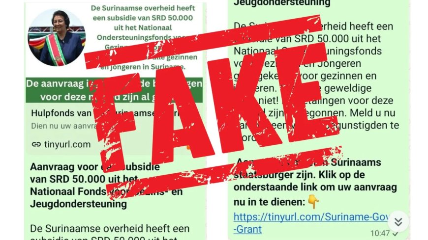 Kabinet van de President waarschuwt voor fake online bericht over subsidie van SRD 50.000