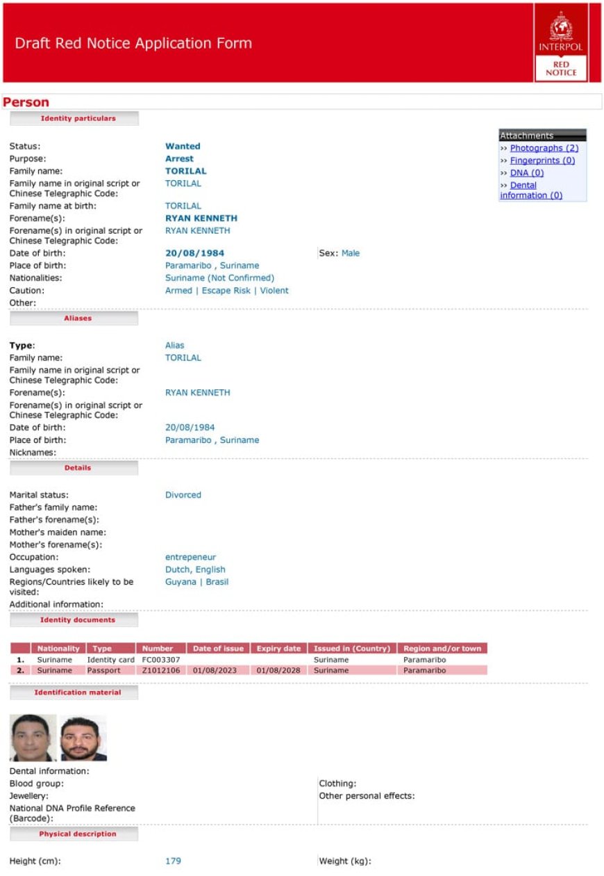 OM vraagt Interpol om Red Notice voor Ryan Torilal