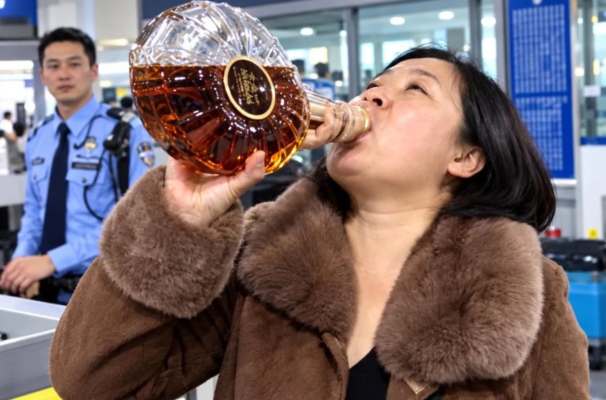 WIST U DAT: Een Chinese vrouw in 2015 op luchthaven Peking Capital fles Remy Martin opdronk, 